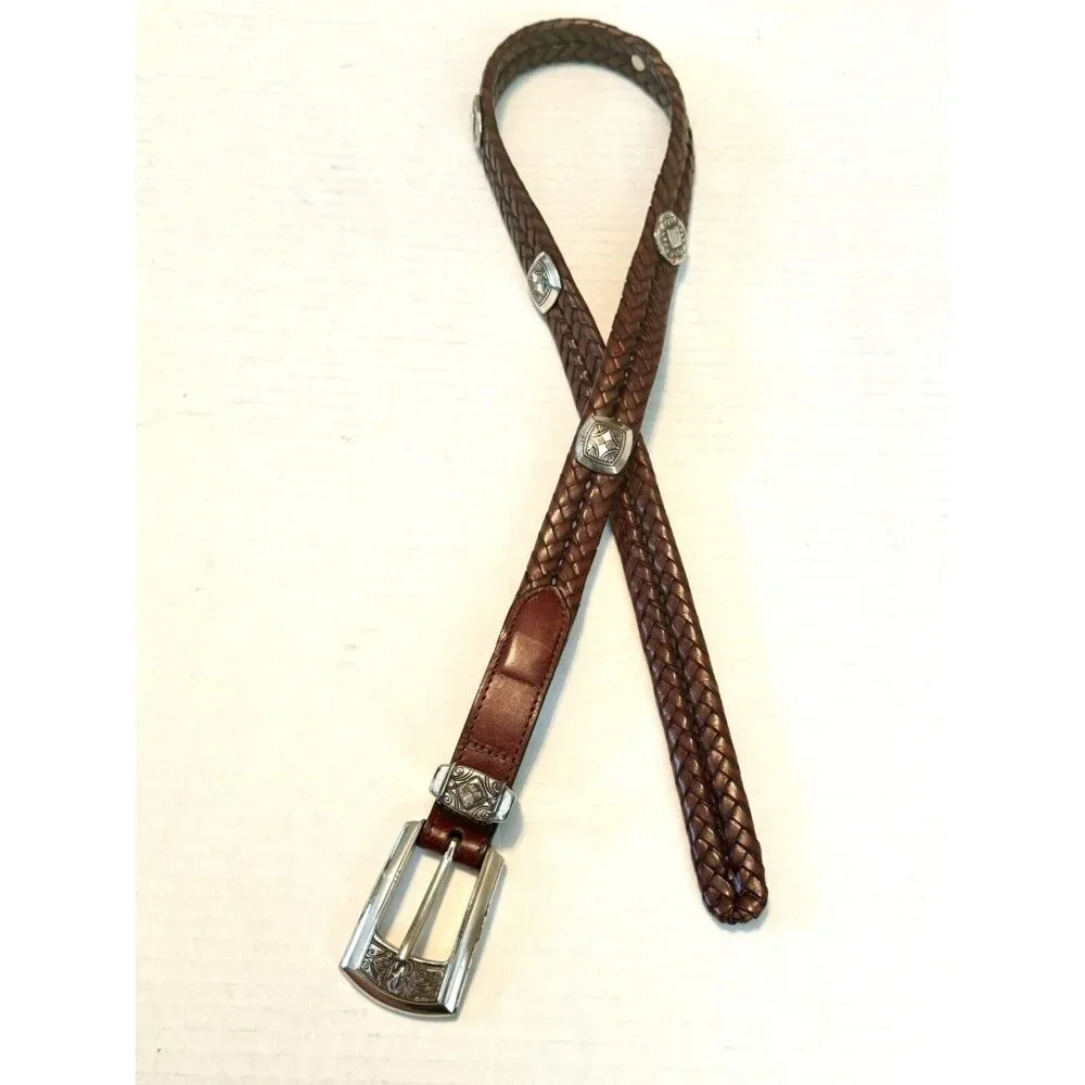 Brighton Brown Woven Leather with Silver Conchos Women’s Belt 28 / S Western